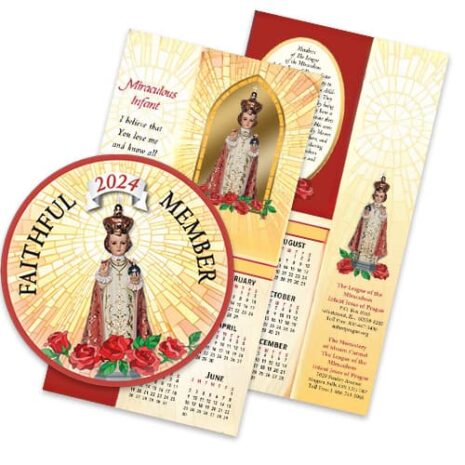 Infant of Prague membership card with 2024 Calendar and a magnet with the Infant of Prague Image