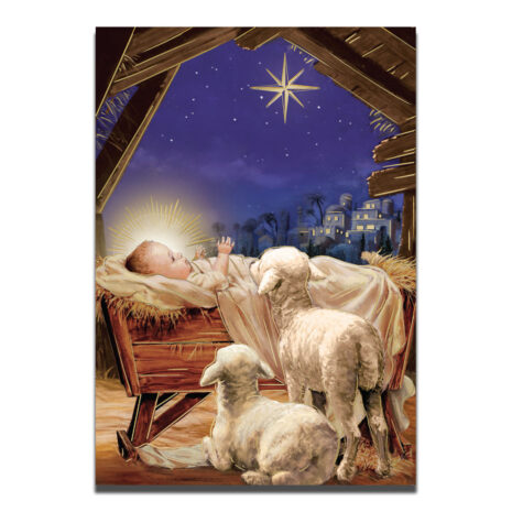 Front of Christmas card #249 with infant Jesus and lambs